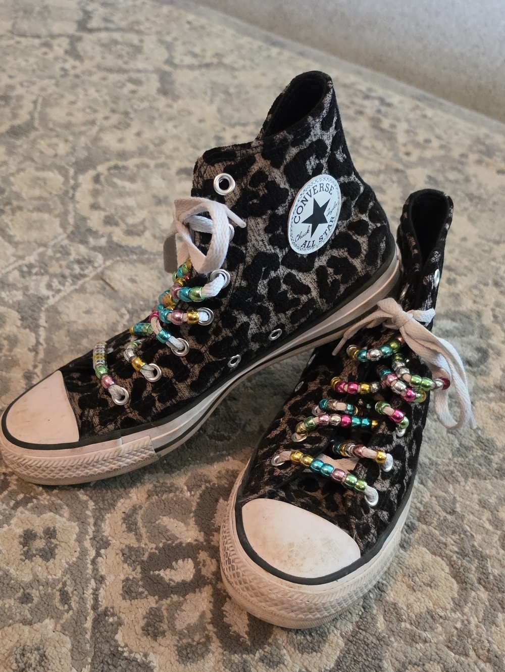 Converse Black Leopard Print High-Top Sneakers with Multicolor Beads